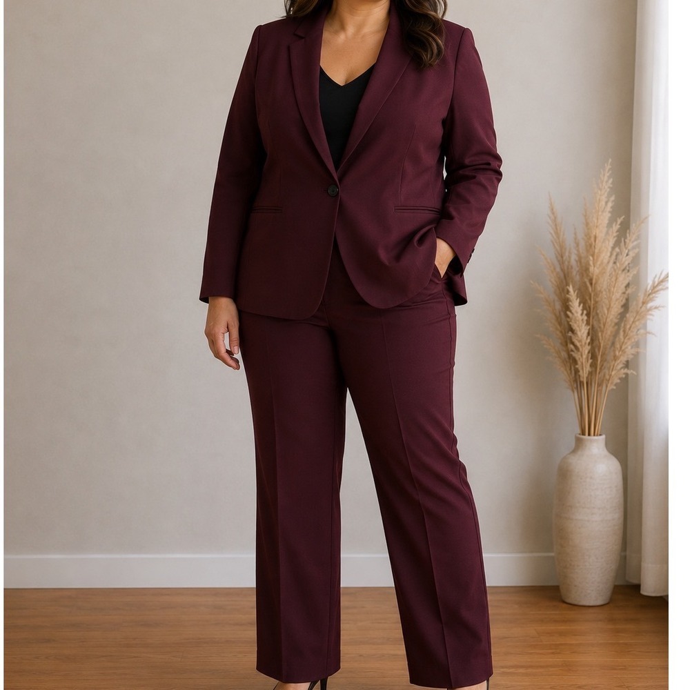 Ann Taylor Burgundy WOOL Blend 2 Piece Suit Women's 14 Blazer 12 Pants Workwear